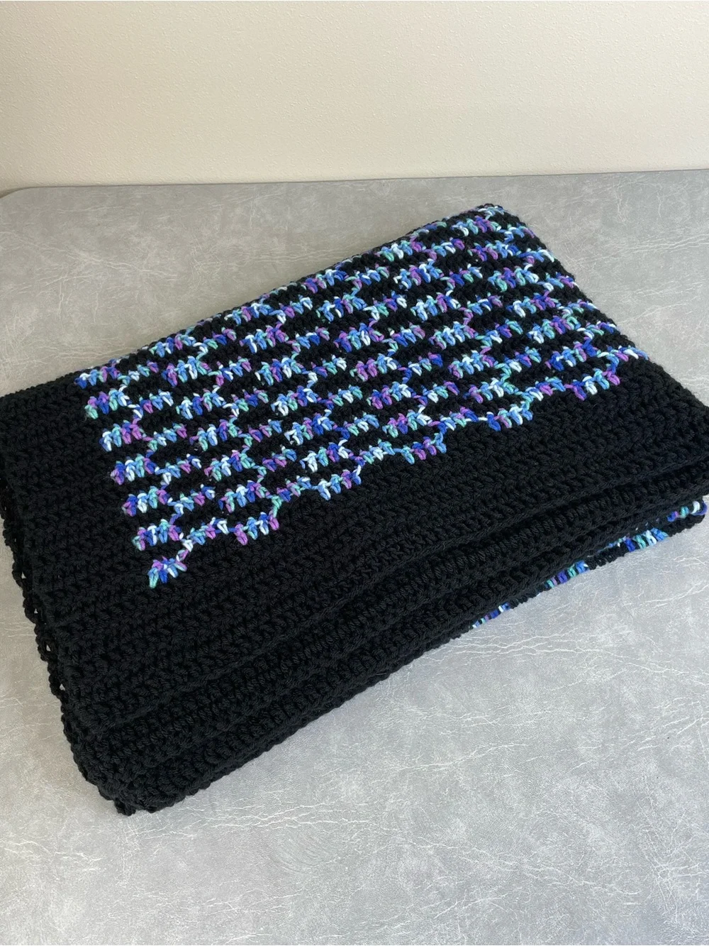 NEW Handmade Crochet Throw Variegated Blue, Aqua & Purple Bordered in Black